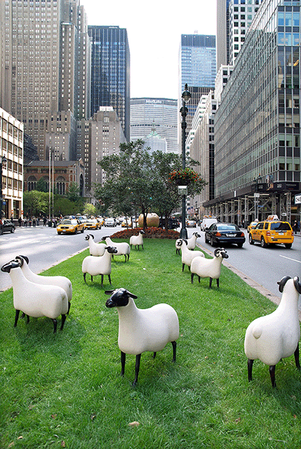 A herd of ‘Nouveaux Moutons’ including the present model ‘Brebis’ exhibited in the middle of Park Avenue, New York Credit: Photo:  Paul Kasmin Gallery
